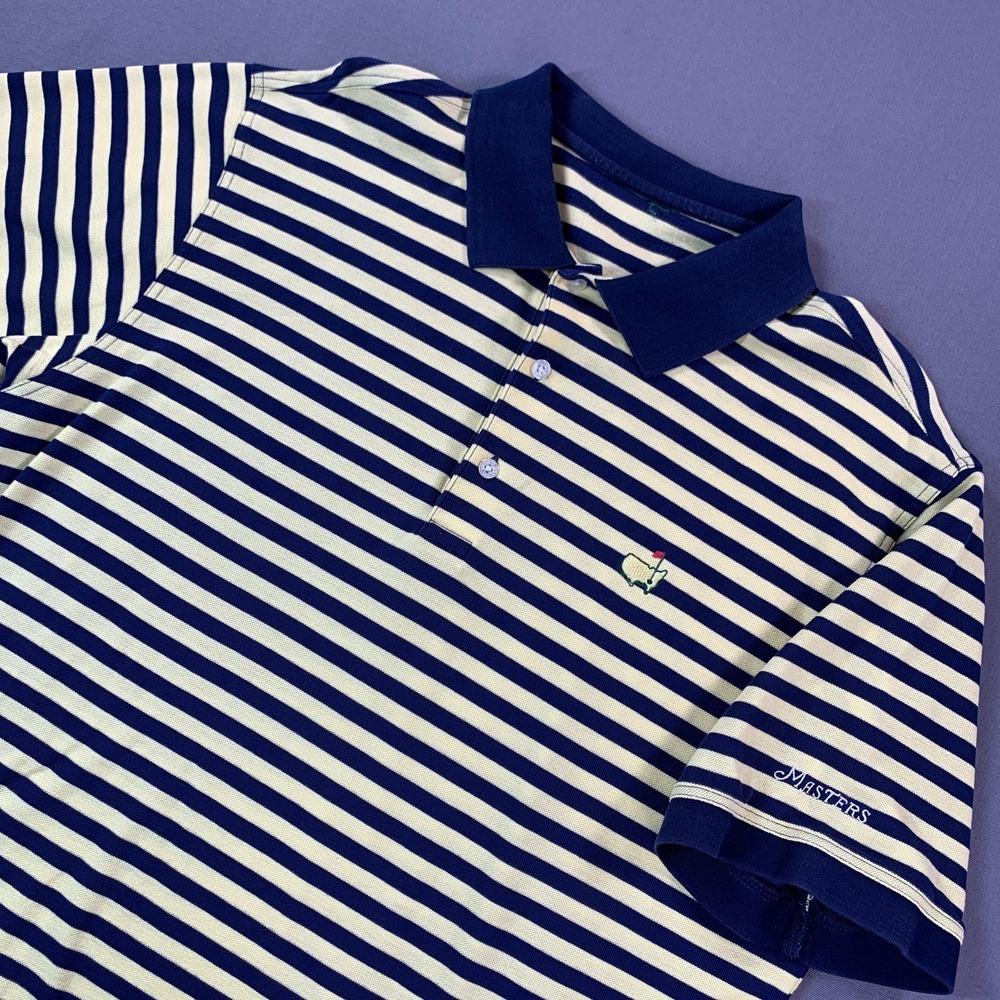 Masters Polo Shirt Mens Large Blue & Yellow Striped Golf Augusta National Logo